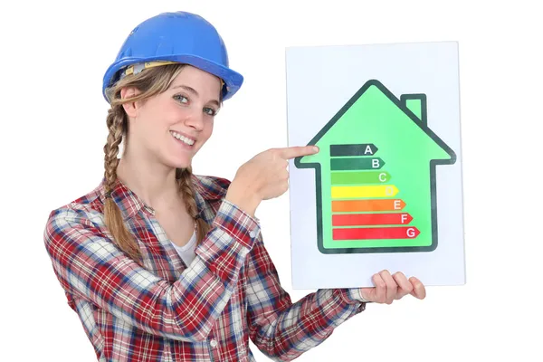 A female construction worker promoting energy savings. — Stock Photo, Image