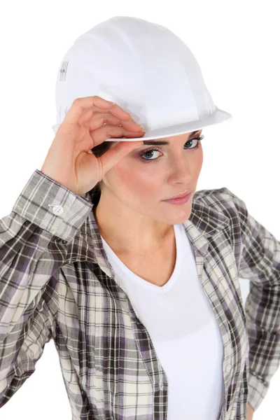 Retrato de mulher com capacete branco — Fotografia de Stock