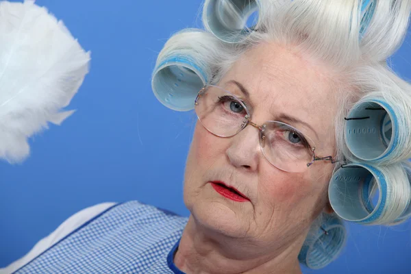 Granny with her hair in rollers — Stock Photo, Image