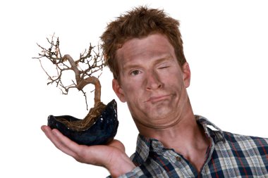 Funny picture of man holding bonsai after explosion clipart