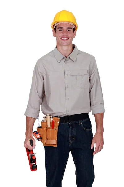 Smiling carpenter with a plane — Stock Photo, Image
