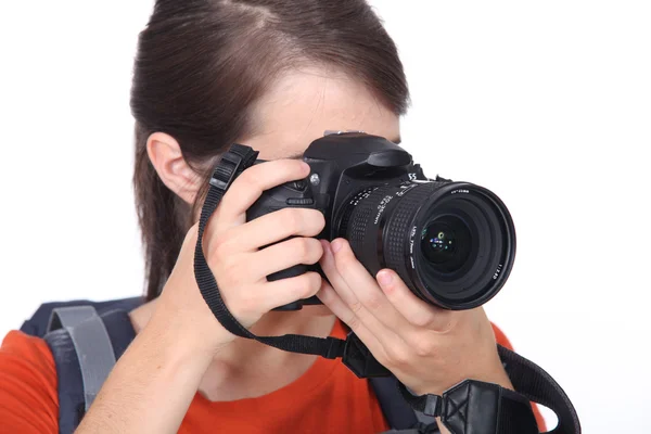 Närbild av en kvinna med kamera — Stockfoto