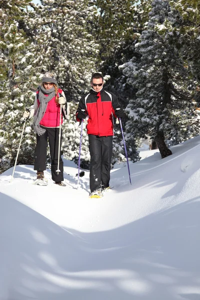 Paar spaziert in Schneeschuhen — Stockfoto