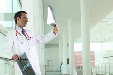 Doctor stood in hallway examining x-rays clipart
