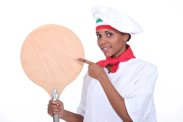 Portréja egy női pizza szakács — Stock Fotó