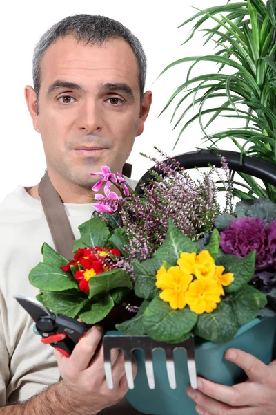 Florista segurando arranjo de flores — Fotografia de Stock