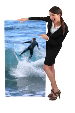 Women pointing at poster clipart