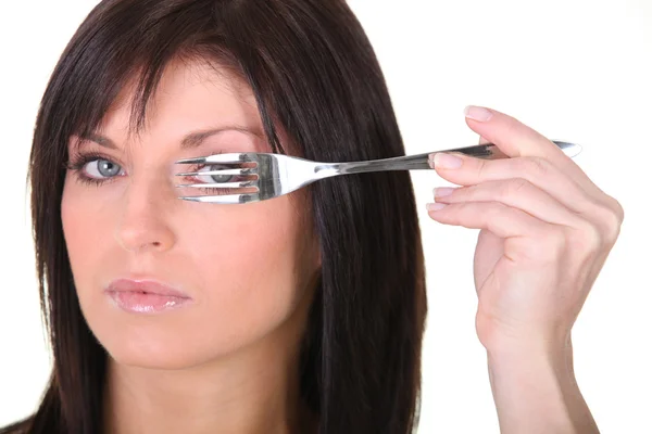 Close-up van een vrouw met een vork — Stockfoto