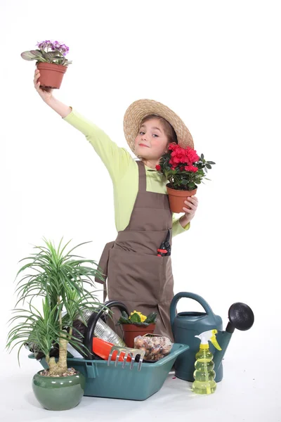 Little girl gardening isolated on white — Stock Photo, Image