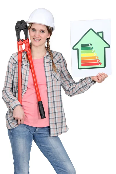 Mujer con un signo de calificación energética — Foto de Stock