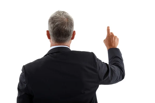 Vista de umas costas de um homem de negócios apertando um botão — Fotografia de Stock
