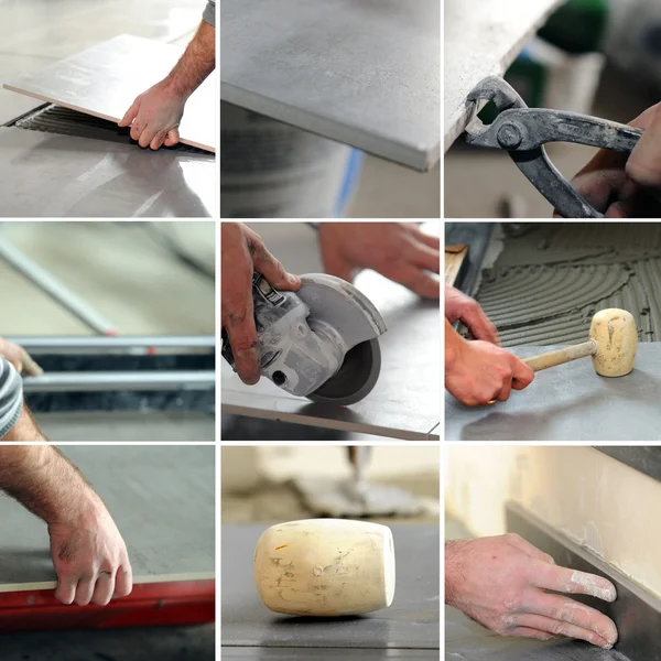 Montage of tiler at work — Stock Photo, Image