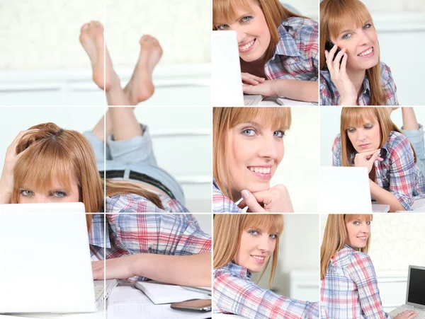 Mosaic of redhead with cellphone and laptop — Stock Photo, Image