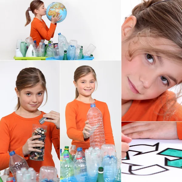 Liten flicka återvinning — Stockfoto