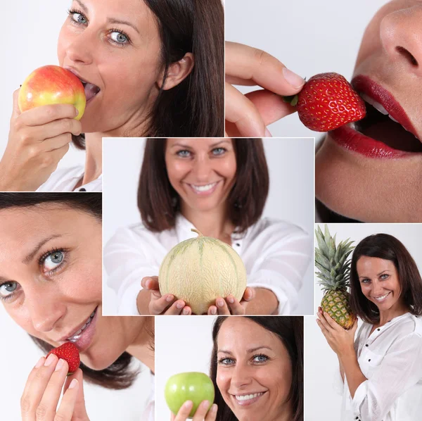 과일을 먹는 여자의 몽타주 — 스톡 사진