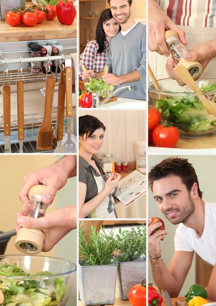 Mosaico de pareja preparando verduras — Foto de Stock