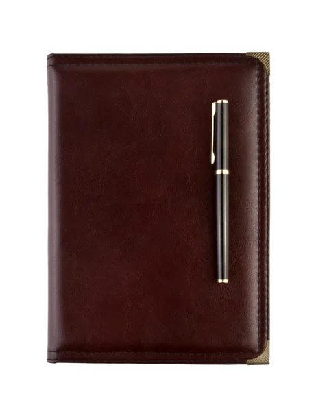Bőr notebook és a toll — Stock Fotó