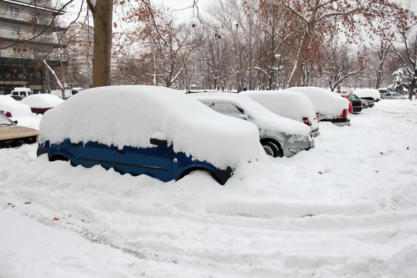 Samochody pokryte śniegiem — Zdjęcie stockowe