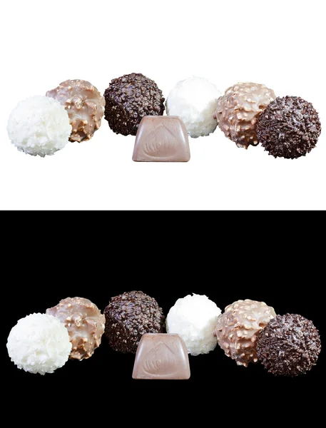 Set de chocolates de lujo en chocolate blanco, negro y leche —  Fotos de Stock