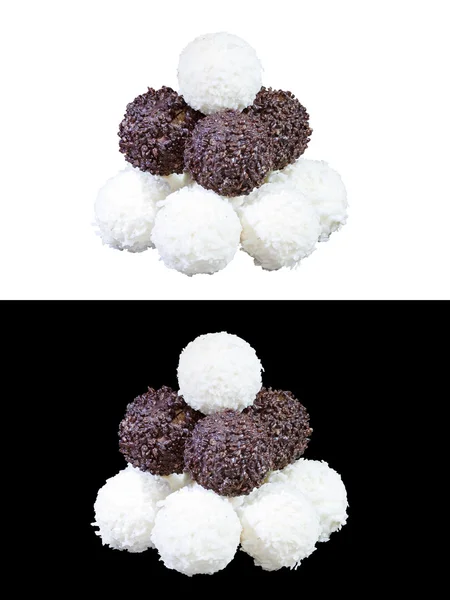 Uppsättning lyxiga chokladpraliner i vitt, svart och mjölkchoklad — Stockfoto