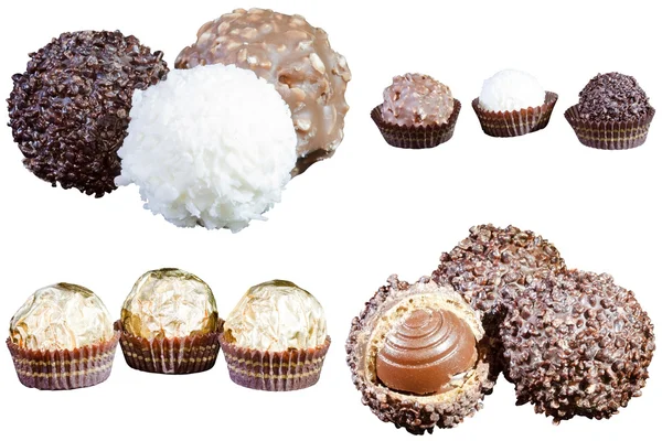Uppsättning lyxiga chokladpraliner i vitt, svart och mjölkchoklad — Stockfoto