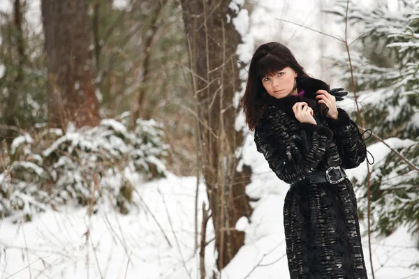 一个年轻女孩的冬季森林背景上的肖像 — 图库照片