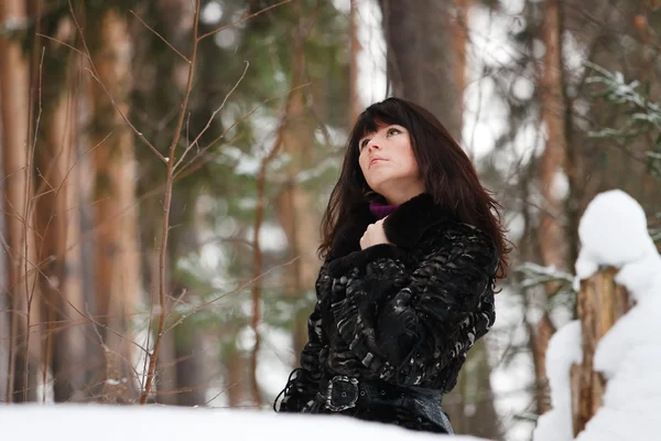 一个年轻女孩的冬季森林背景上的肖像 — 图库照片