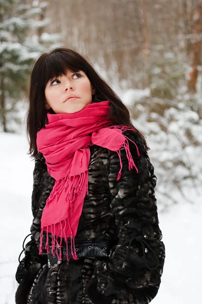 Retrato de una hermosa joven con una bufanda roja — Foto de Stock