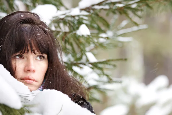 Closeup portrait of a young girl on the background of the winter — Stock Photo, Image