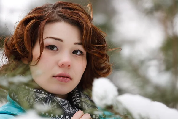 冬天的背景上一个年轻女孩的特写肖像 — 图库照片