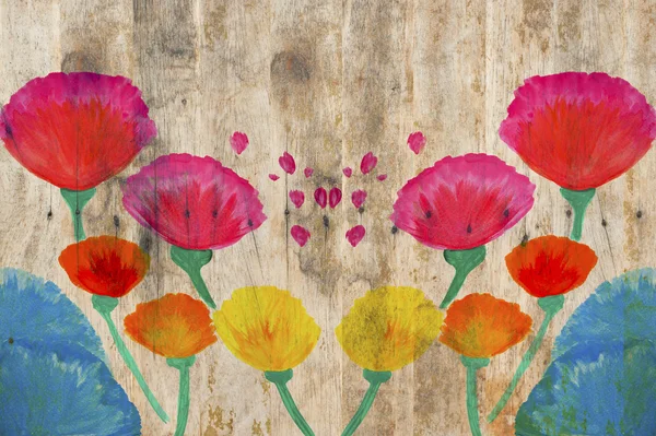 Color flores en acuarela pintadas a mano sobre fondo de madera —  Fotos de Stock