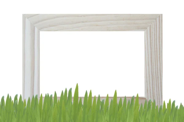 Marco de ventana aislado sobre fondo blanco con hierba —  Fotos de Stock