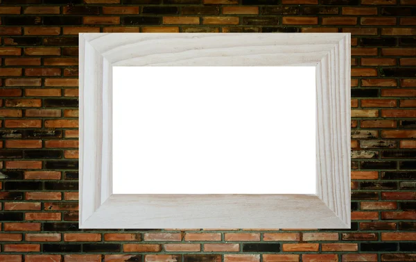 Placa de madeira no fundo da parede de tijolo velho e textura — Fotografia de Stock