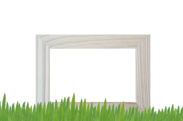 Janela quadro isolado no fundo branco com grama — Fotografia de Stock