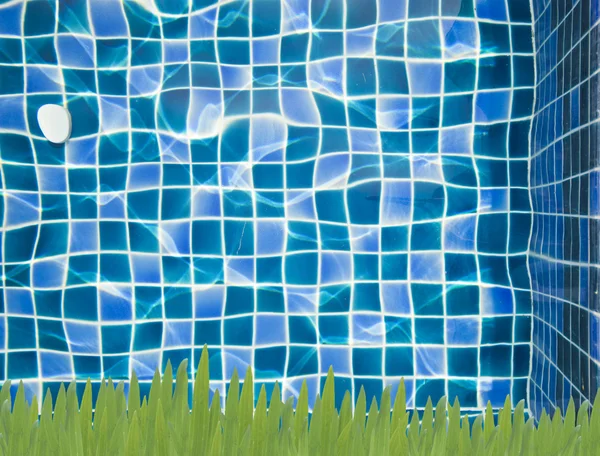 Зеленая трава и голубая вода в бассейне — стоковое фото