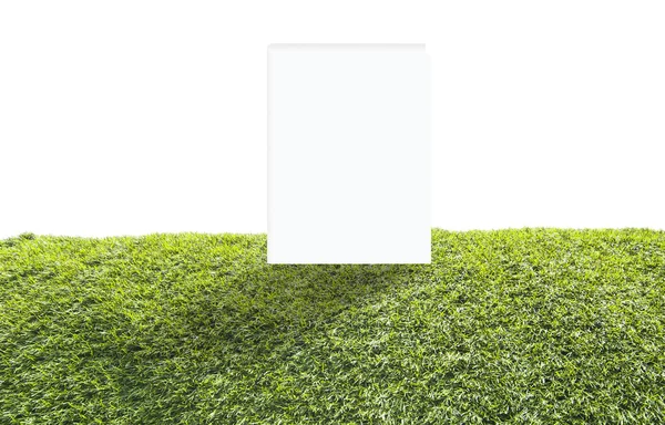 Boek met blanke pagina op groen gras achtergrond, geïsoleerd — Stockfoto