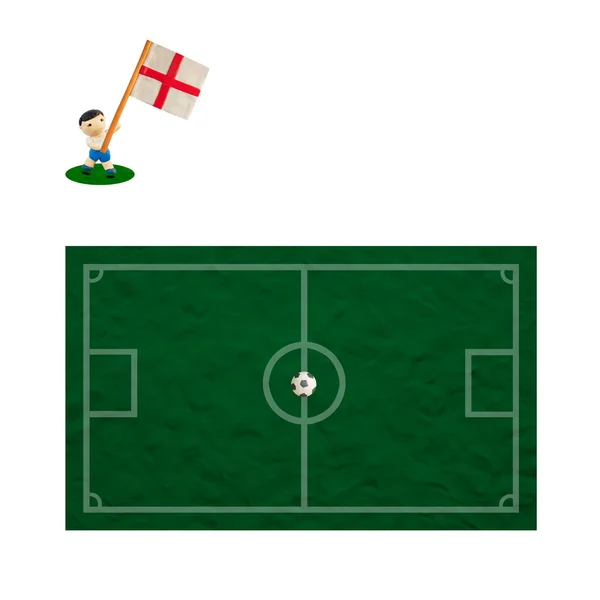 Modellera fotboll med flaggan på gräs och styrelsen bakgrund — Stockfoto