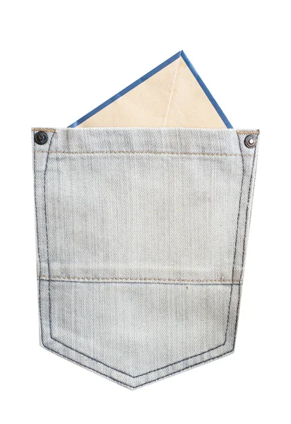 Papel em branco no bolso de jeans no fundo branco — Fotografia de Stock