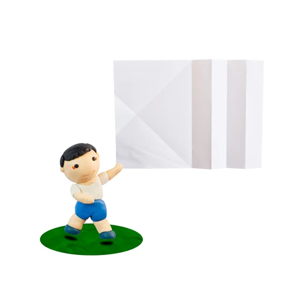Knetmasse Kind mit einem leeren Blatt Papier auf der Hand — Stockfoto