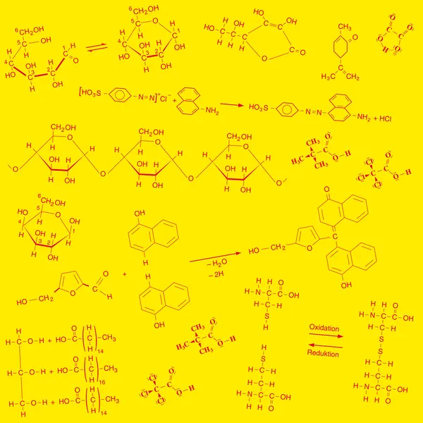 Kimyasal yapı formüller, kırmızı, sarı arka plan dokusu — Stok Vektör