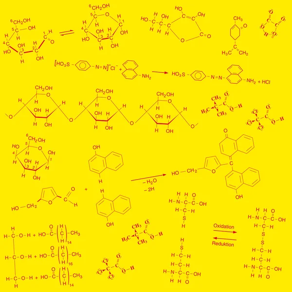 화학 구조상 공식, 빨간색, 노란색 배경 텍스처 — 스톡 벡터