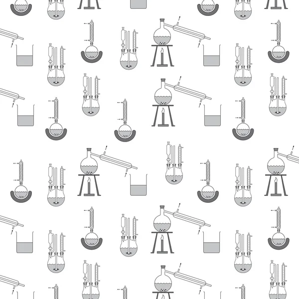 stock vector Pattern of various distillation apparatuses, black and white, arbitrarily c