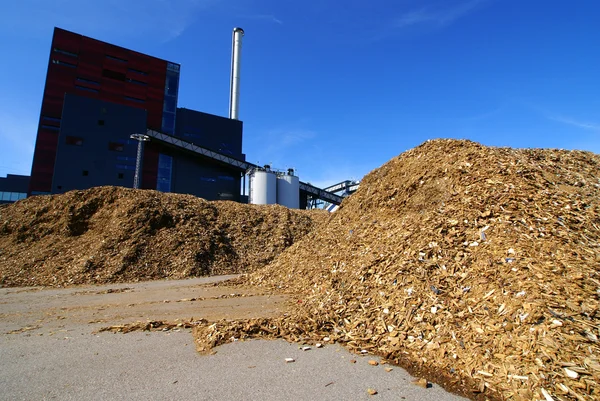 Bioelektrárna se skladováním dřevěného paliva proti modré obloze — Stock fotografie