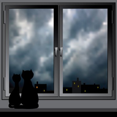 Her gece penceresi ve kediler. vektör.