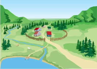 Little the country at the foot of mountains. Vector. clipart