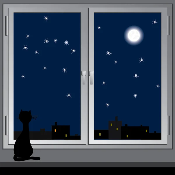 Nachtelijke venster en katten. vector. — Stockvector