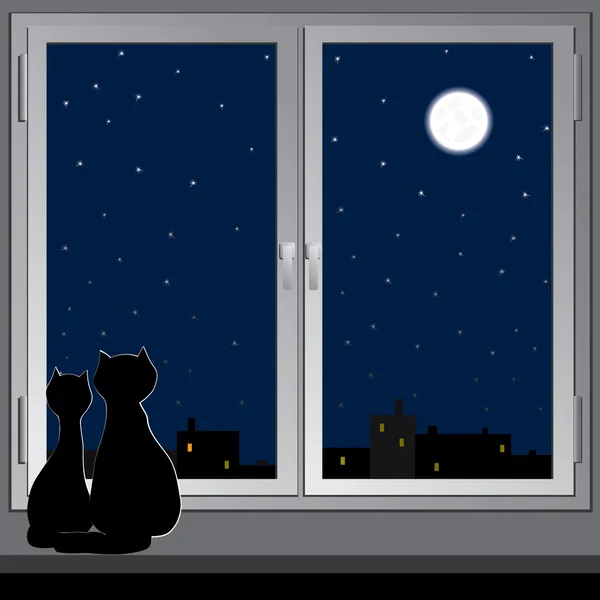 Fenêtre nocturne et chats. Vecteur . — Image vectorielle