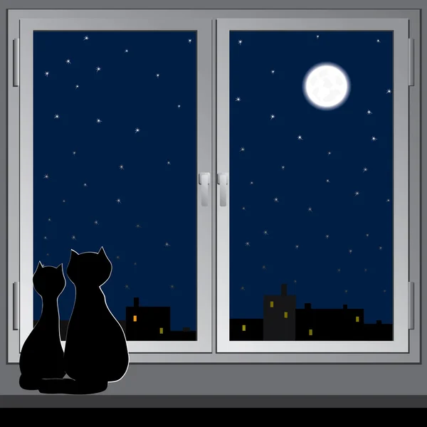 stock vector Nightly window and cats. Vector.