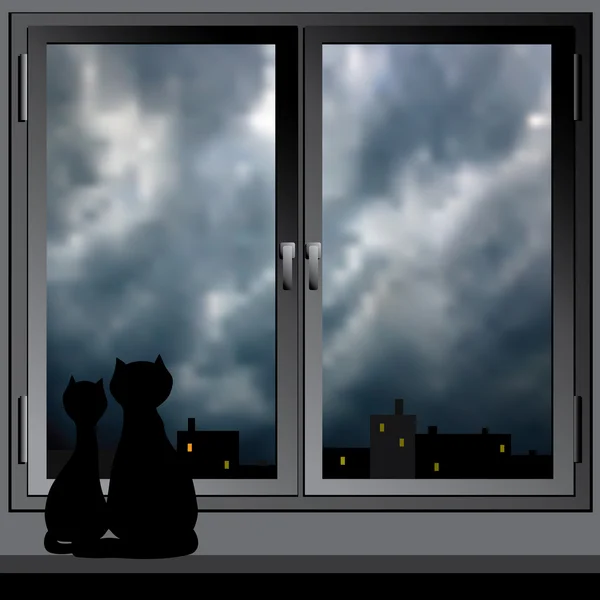 Nightly window and cats. Vector. — Stock Vector