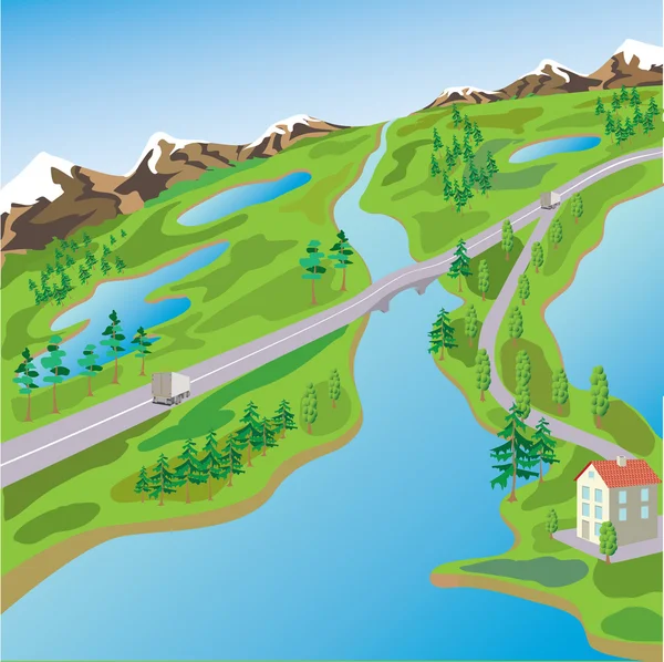 Little the country at the foot of mountains. Vector.